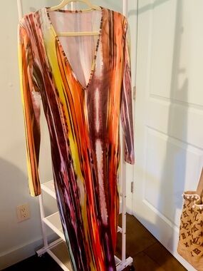 Striped V-Neck Long Sleeve Maxi Dress in Orange, Yellow & Purple